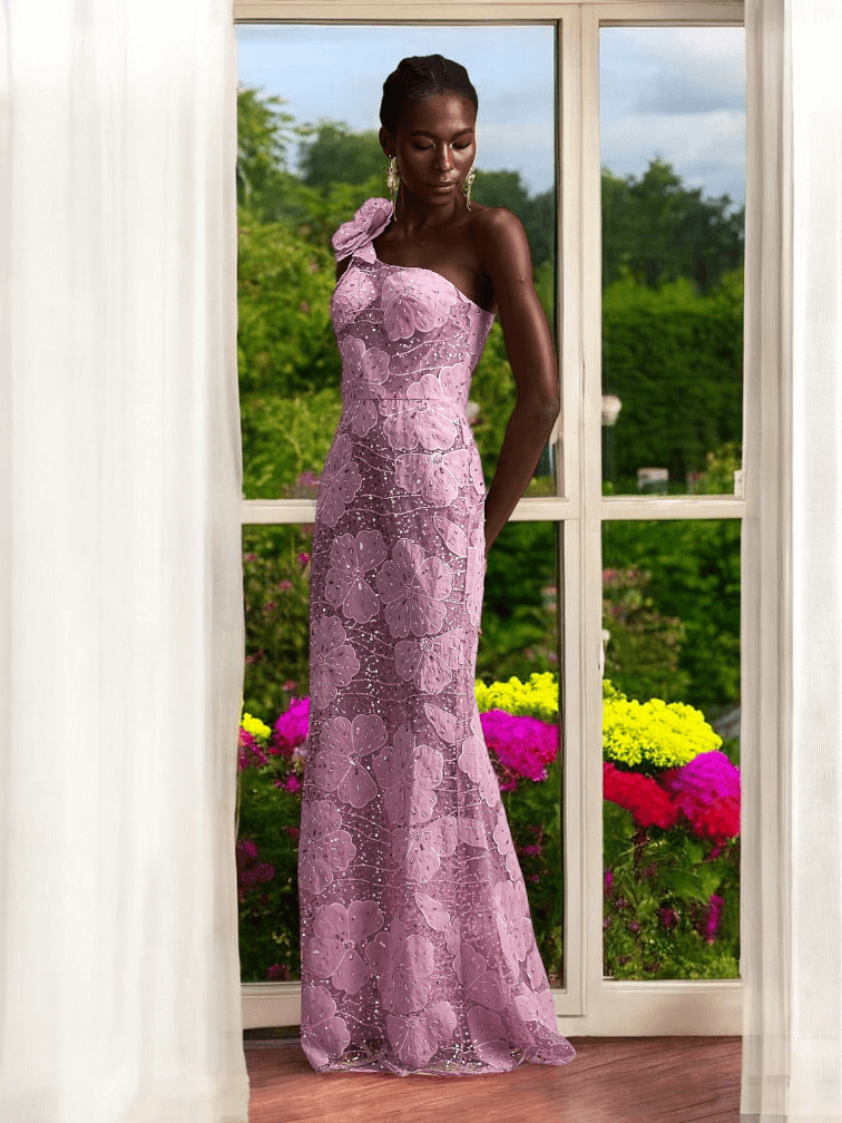 Lora Floral-Appliqué Maxi Dress with delicate floral detailing and flowing skirt