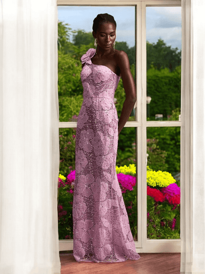 Lora Floral-Appliqué Maxi Dress with delicate floral detailing and flowing skirt