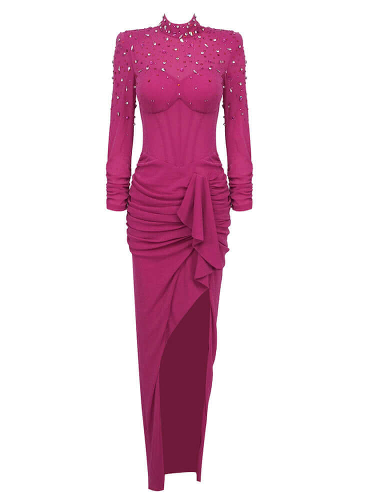 Hot Pink Long Sleeve Crystal Corset Draped Maxi Dress