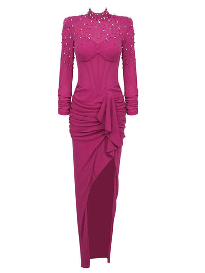 Hot Pink Long Sleeve Crystal Corset Draped Maxi Dress