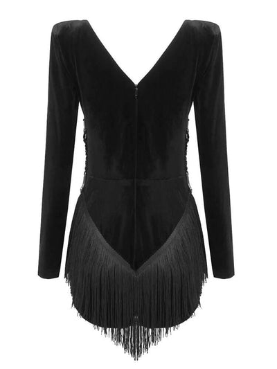 Velvet Short Dress with Long Sleeves and Crystal Design