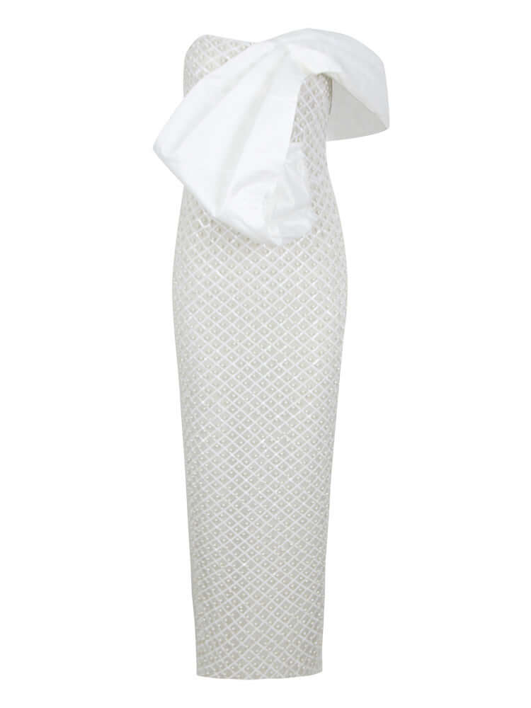 Draped Bardot Pearl Maxi Dress: Elegant Charm for Every Occasion