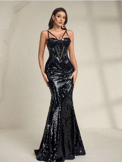 black sequin strappy evening gown