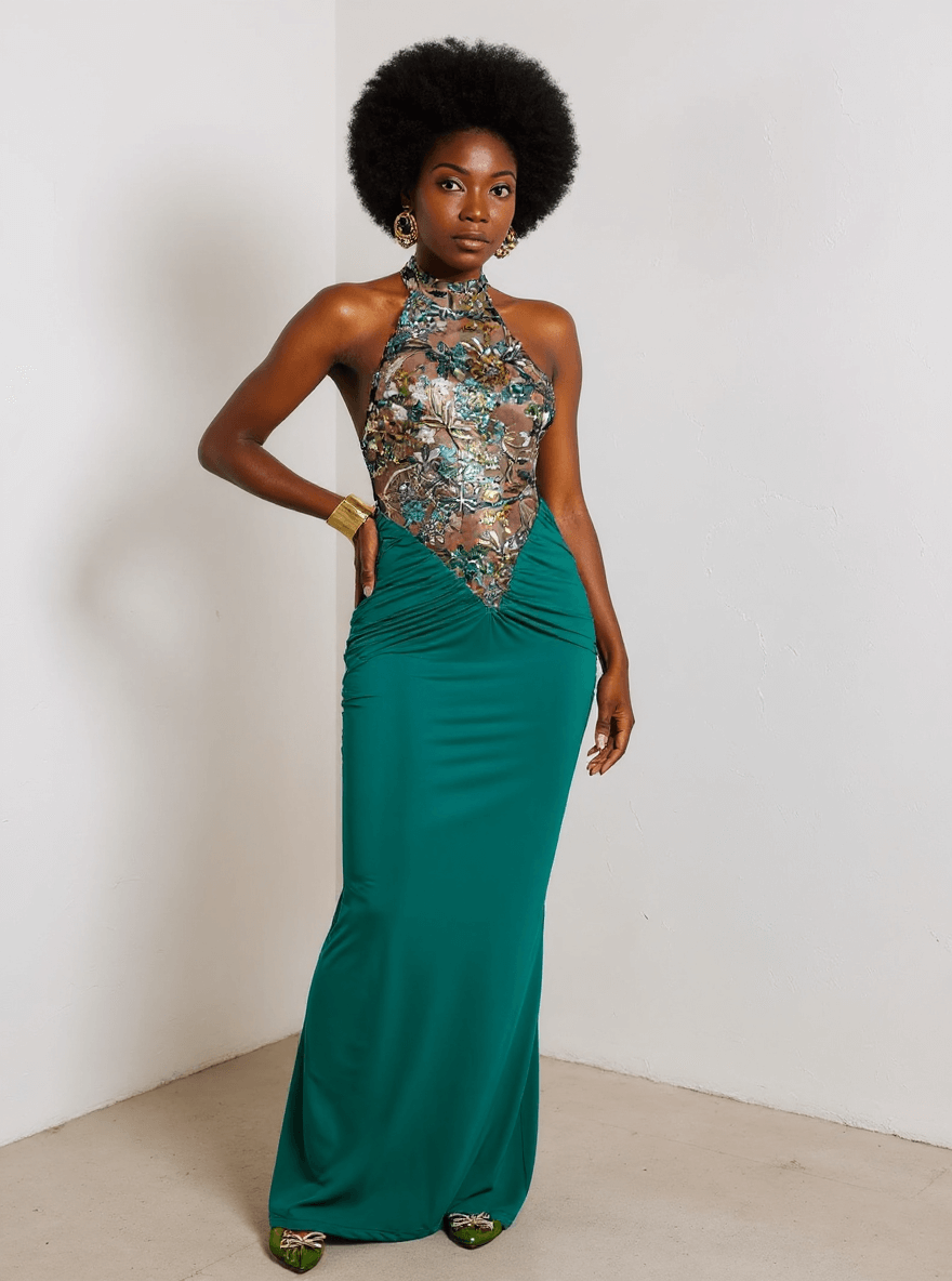 emerald green halter dress Eclipse Gown – Backless Floral – Valensia Seven OSFVNOXV Fall Wedding Guest Make a striking entrance APPLIQUE Color:Ombre Peach (Mesh Fabric. Includes Tube Dress Inside)