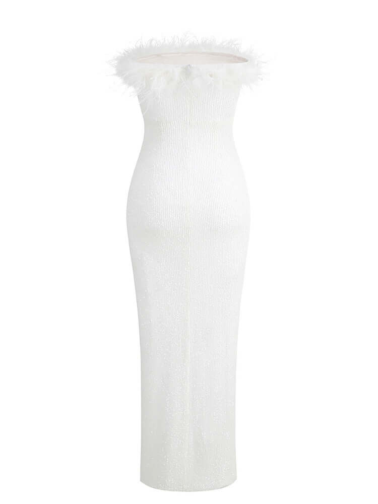 Wedding Guest Strapless Feather White Sequins Dress