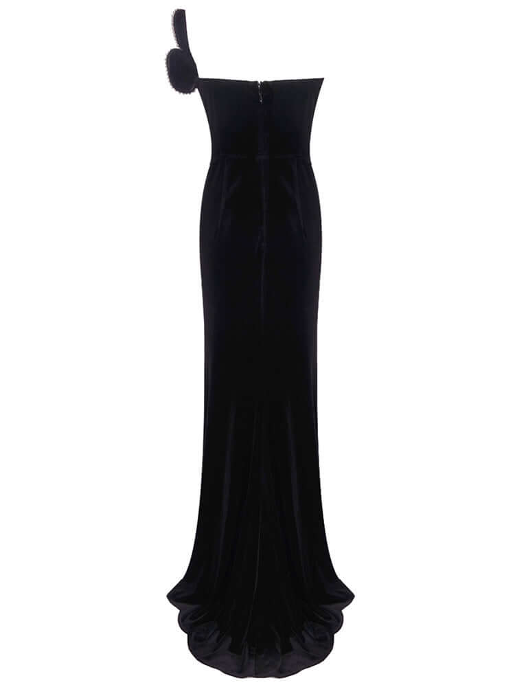 Strapless Crystal Filigree Maxi Velvet Dress in Black, ideal for evening events and parties.