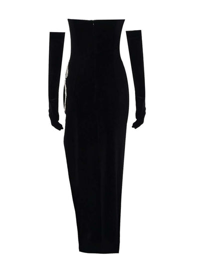 High Slit Crystal Design Velvet Maxi Dress