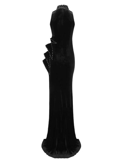 High Split Sleeveless Beads Design Black Velvet Gowns
