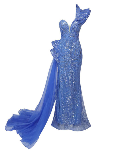 One Shoulder Blue Sequins Gown