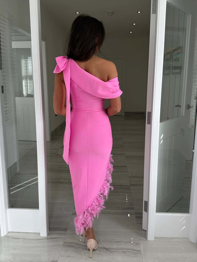 Pink one shoulder feather midi dress by Valensia Seven, back view showing high stretch bandage material with delicate hemming and YKK zipper