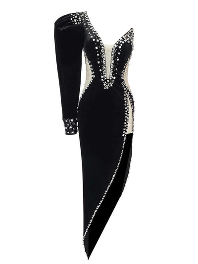 Stunning mesh dress with one-shoulder design adorned with sparkling crystals embellishments