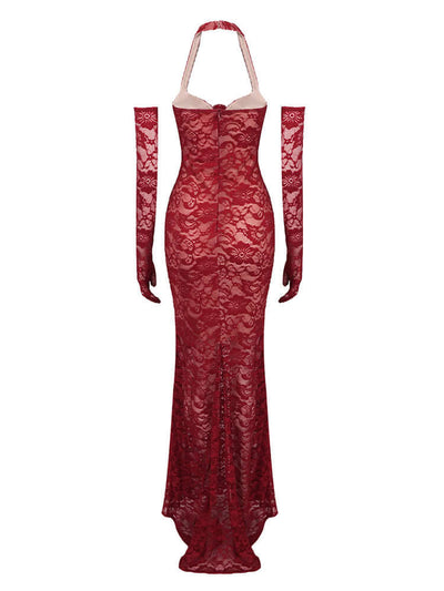 Halter Floral Lace Maxi Dress in Burgundy with intricate floral lace details, ideal for elegant occasions and evening events.