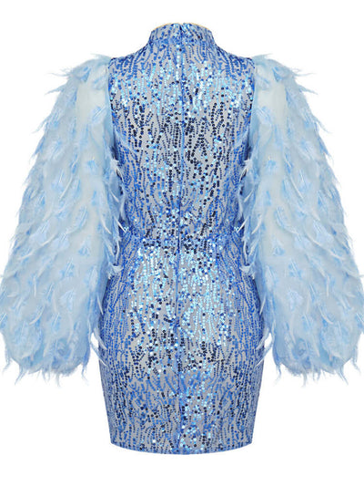 Blue Feather Long Sleeves Sequins Mini Dress