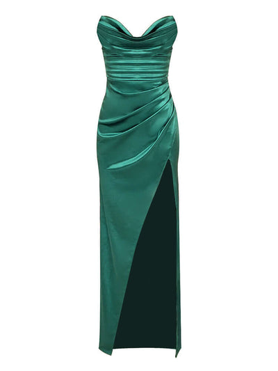 Strapless High Slit Ruched Design Green Satin Gowns