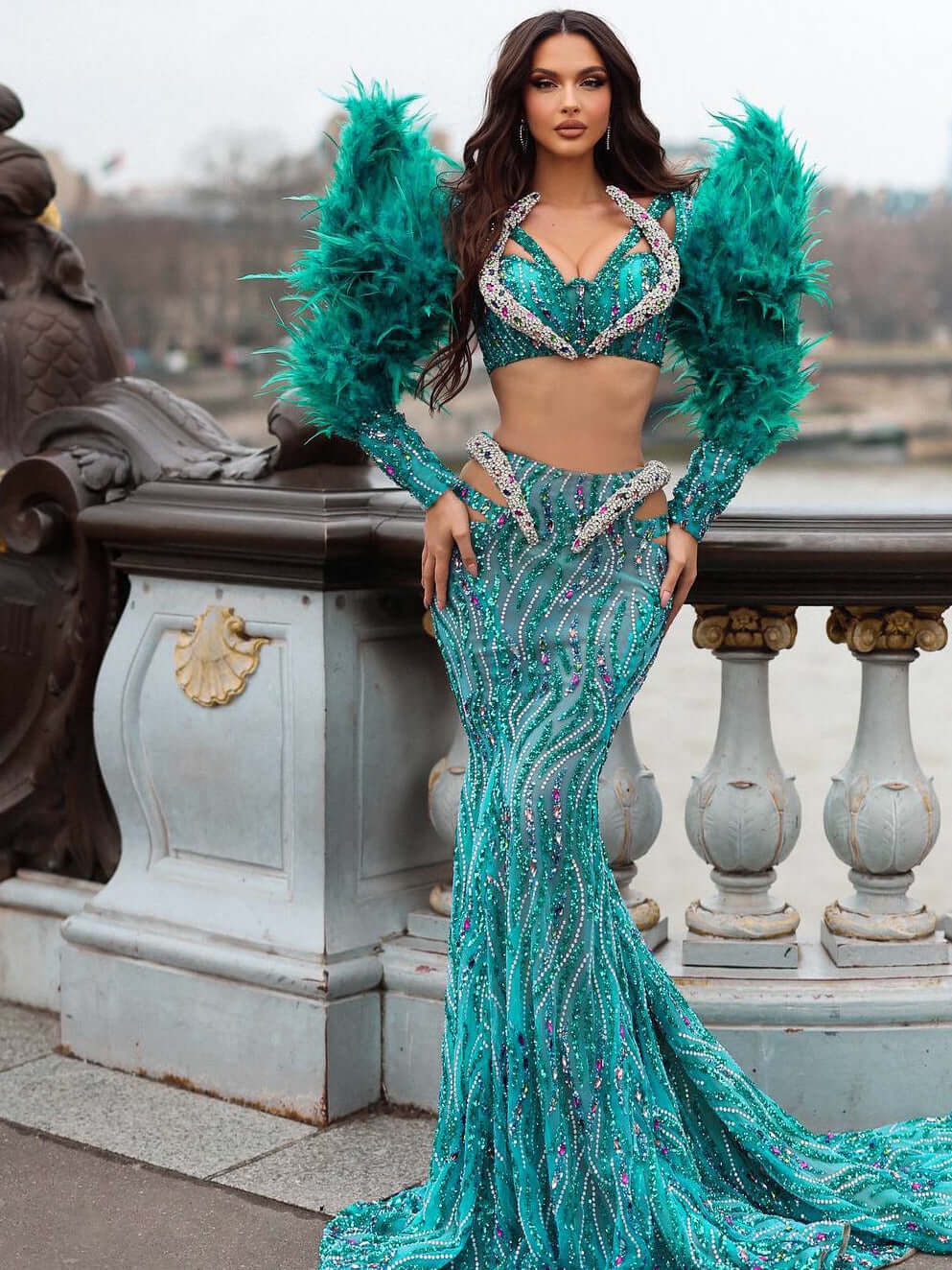 Elegant mermaid gown with long sleeves adorned with feathers and sequins