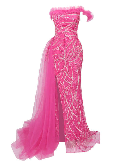Sleeveless gown with a slash neck and intricate sparkle bead design