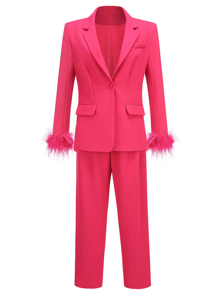 Long Sleeve Feather Detail Suit Hot Pink