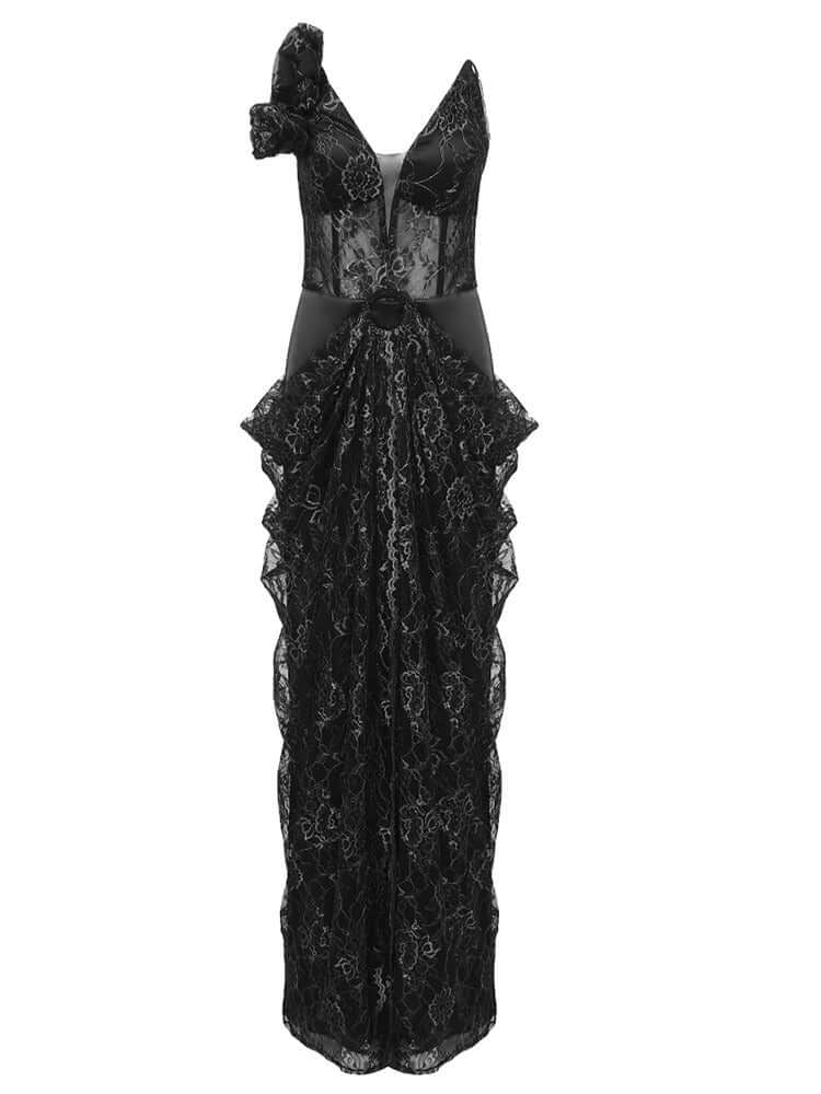 Strapless Floral Draped Lace Maxi Dress: Timeless Beauty for Special Occasions