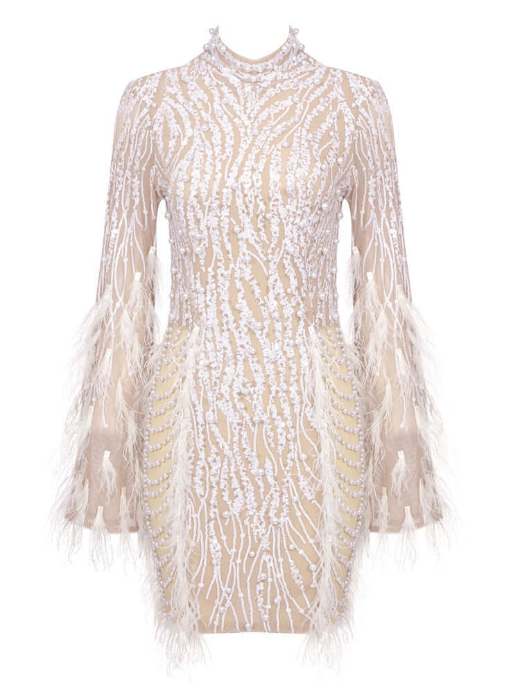 Long Sleeve Feather Sequin Dress White Nude