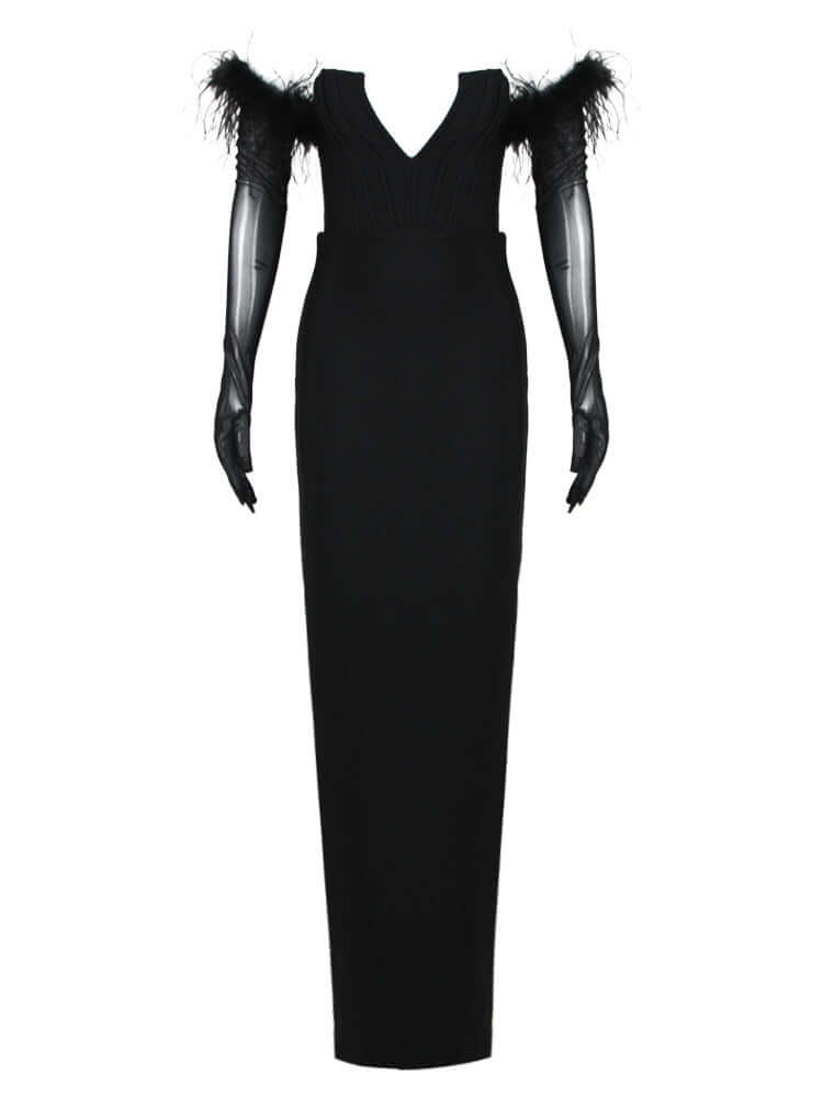 Strapless Feather Gloves Design Black Bandage Gown