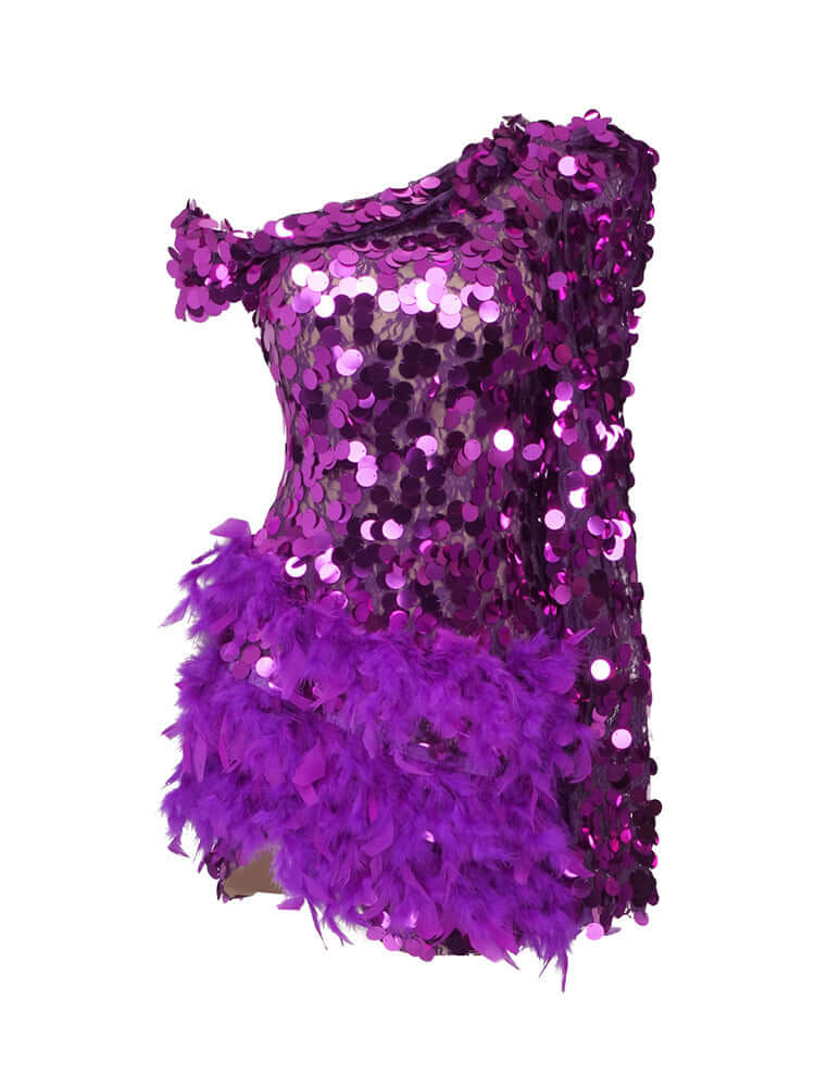 One Shoulder Glitter Purple Sequins Mini Dress