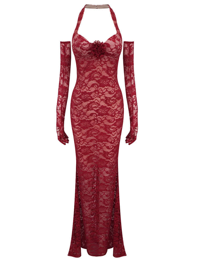 Halter Floral Lace Maxi Dress in Burgundy with intricate floral lace details, ideal for elegant occasions and evening events.