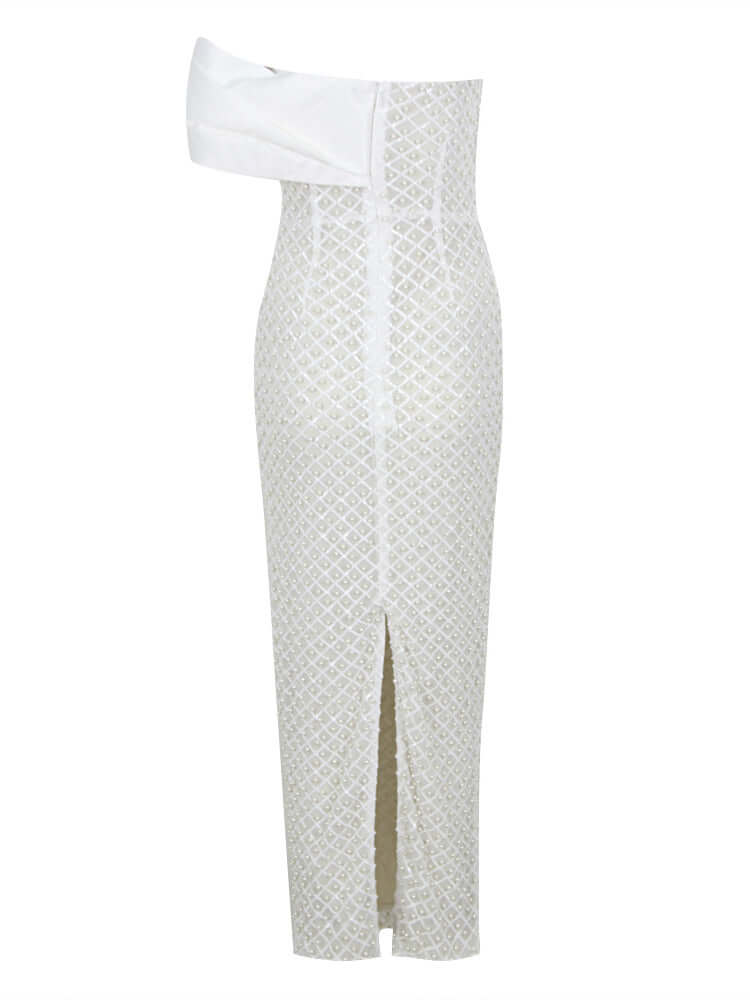 Draped Bardot Pearl Maxi Dress: Elegant Charm for Every Occasion