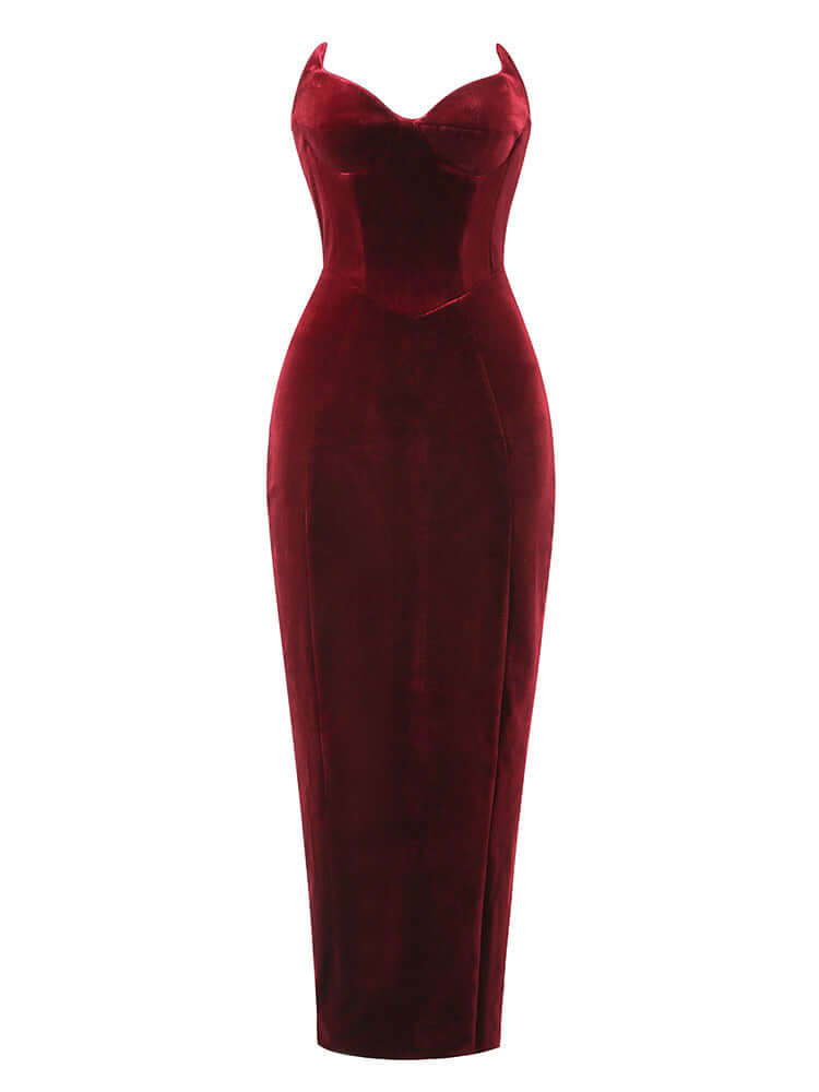 Stunning red strapless bustier maxi velvet dress