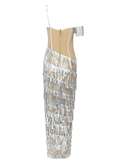 Sequined Tassel Design Diagonal Collar Long Dress