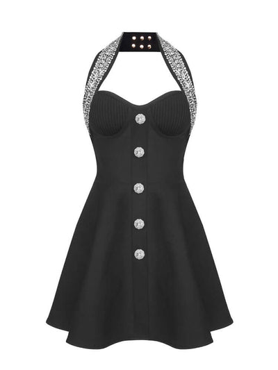 Black A-line dress with halter neckline and crystal-embellished bustier