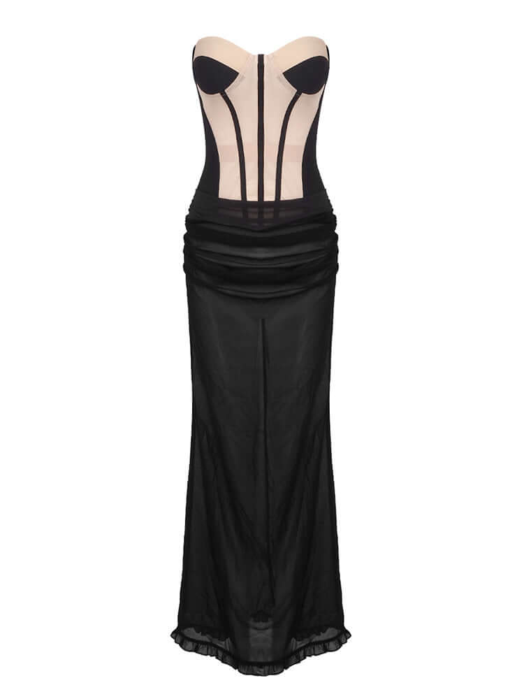 Black and nude strapless corset two-piece maxi dress