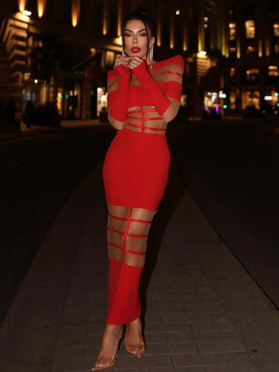 Long Sleeve Mesh Insert Midi Dress in Red featuring elegant long sleeves, stylish mesh inserts, and a flattering silhouette