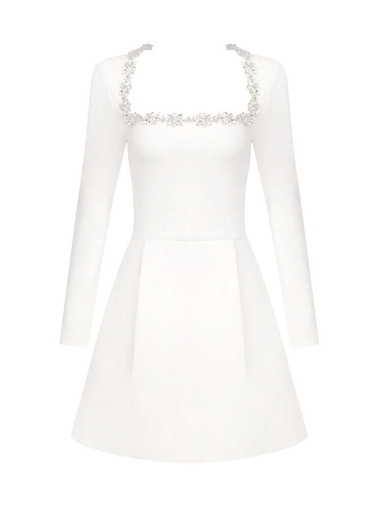 White long sleeve A-line dress with crystal detailing