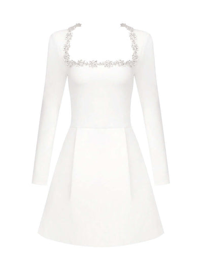 White long sleeve A-line dress with crystal detailing