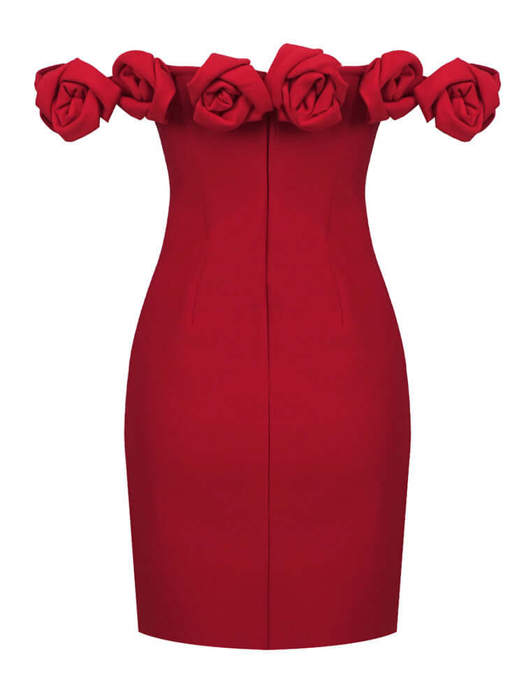 Red Bardot Dress featuring Rose Detail