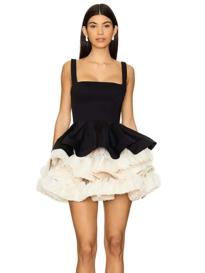 Liz black and ivory mini dress with 3D petal trim – dollcore A-line party dress for women