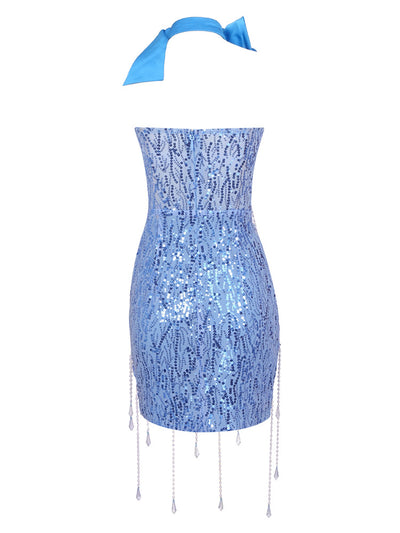 Strapless Sequin Tassel Design Mini Dress With Flower Choker