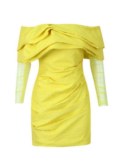 Yellow Off Shoulder Ruched Mini Dress
