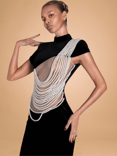 Velvet Maxi Dress with Pearl Chain Design