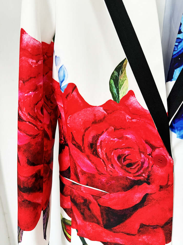 Close-up of red floral print on the Floral Printed Blazer Set - View details for Floral Printed Blazer Set