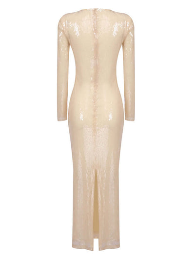 Chic nude midi dress with long sleeves adorned with flower sequin embellishments