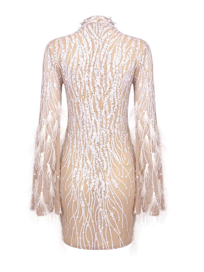Long Sleeve Feather Sequin Dress White Nude