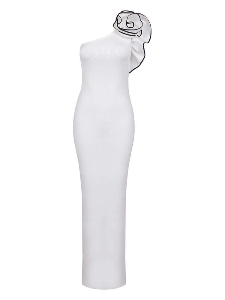 White One Shoulder Ruffle Maxi Dress
