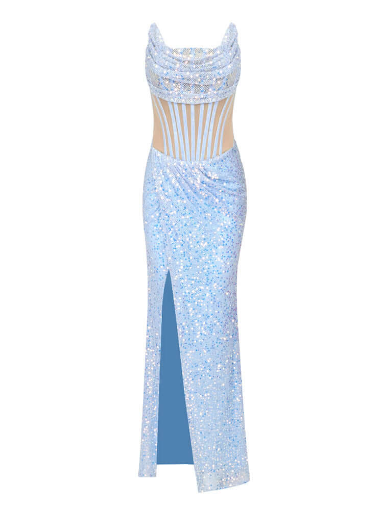 High Split Strapless Blue Sequins Sparkle Gowns