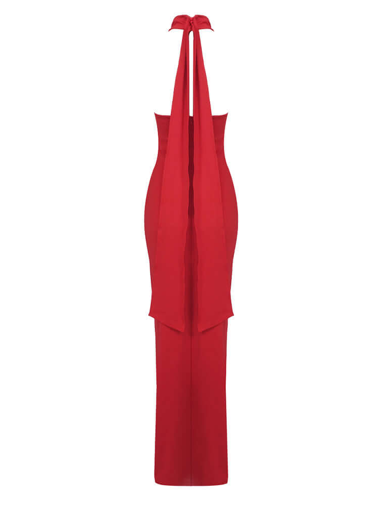 Red Maxi Dress with Halter Neckline and Floral Accents: Effortless Elegance for Any Event