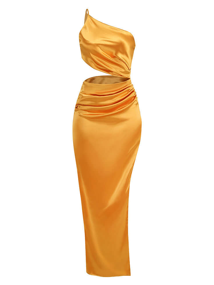 Elegant one-shoulder maxi dress in vibrant orange satin fabric