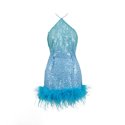 Halter Backless Gradient Sequins Feather Mini Dress
