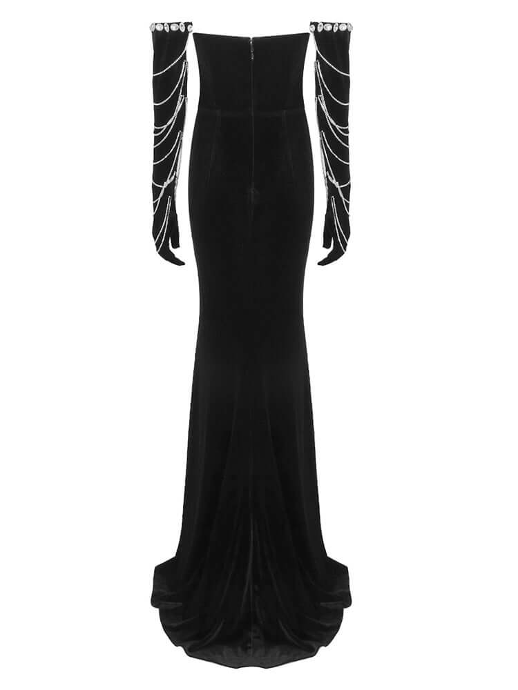 Beaded Strapless Black Mermaid Velvet Dress