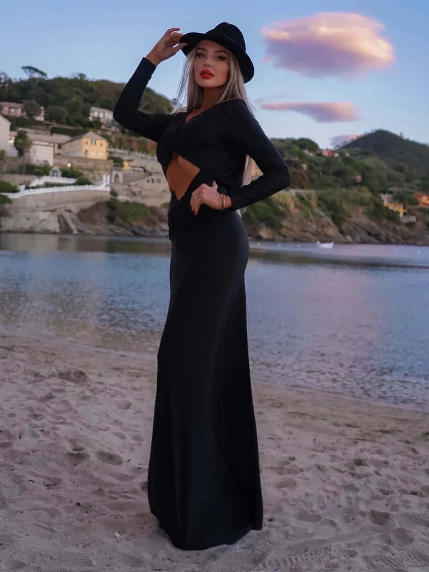 Waist Hollow Out Design Long Sleeves Black Gowns