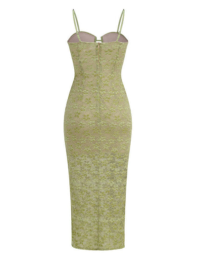 Crystal Bustier Lace Midi Dress Green back view with intricate crystal detailing and zipper opening. Elegant non-stretch lace material.